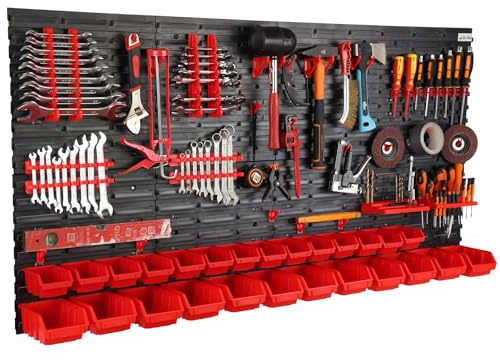 Werkzeugwand Wandregal mit 160x80cm Abmessungen Behälter 26 tlg. Set im Schwarz/Rot Werkzeughalter Werkstattregal aus Kunststoff Lagersystem Schüttenregal Extra Starke Regal Erweiterbar Lagerregal