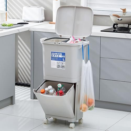 Warmiehomy Recycling Bins for Kitchen Double Compartment Trash Bin 45L Waste Bins with Double Lids Dry and Wet Separation Rubbish Bin with Wheels Vertical Waste Separation System