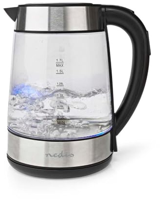 Nedis Electric Glass Kettle 1.7L - 2200W Fast Boil, 5 Variable Temperature Settings, Keep Warm, LED Indicator, Cool Touch, 360° Cordless Base, Removable Filter - Transparent