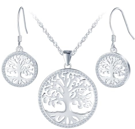 Yumilok 925 Sterling Silver Necklaces for Women Zirconia Tree of Life Necklace Jewelry Set for Women Silver Necklace Silver Stud Earrings