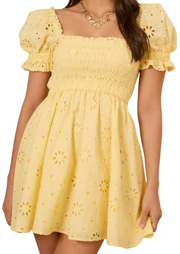 FeMereina Women's Summer Eyelet Short Dress Short Puff Sleeves Square Neck Smocked Bust Fit and Flare Mini Dress