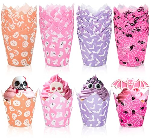 JarThenaAMCS Cupcake-Förmchen für Halloween, Tulpen, Kürbis, Geist, Spinnennetz, Fledermaus, Muffins, Backförmchen, Rosa, Lila, Orange, Cupcake-Förmchen für Partyzubehör, Tischdekoration, 200 Stück