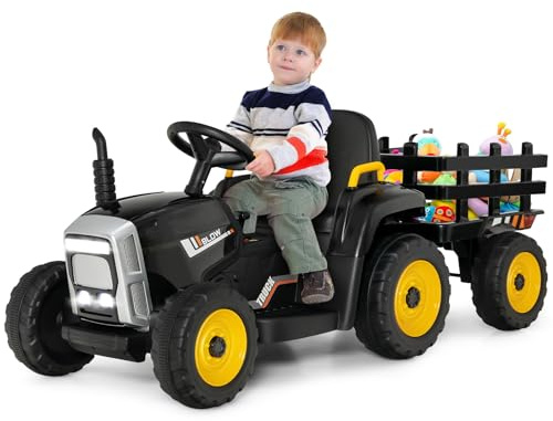 12V Ride On Tractor for Kids, 2 in 1 Battery Powered Wheels Toy with Detachable Trailer, Electric Vehicle with Parental Remote Control, 3-Gear-Shift, Music, USB, Bluetooth (Dark)