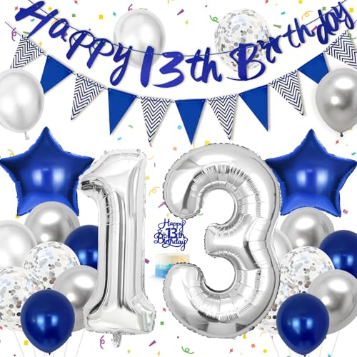Hierein Decorazioni Compleanno 13 Anni, Palloncini Compleanno con Happy Birthday Striscione, Festoni, Decorazioni Torta per Feste, Palloncini Blu e Argento per 13 Anni Ragazzo
