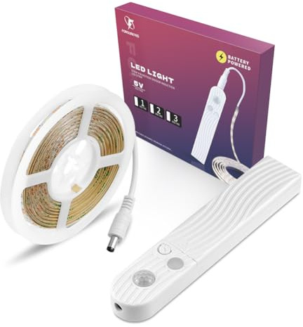 FOROUREYES DC5V Dimmbare LED-Lichtleiste mit PIR-Bewegungsmelder, 3 m batteriebetrieben, warmweiß, selbstklebendes wasserdichtes LED-Band für Schrank, Unterbett, Küche und Raumbeleuchtung