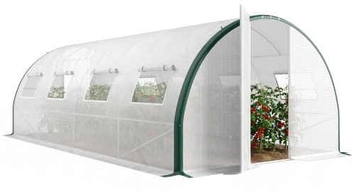Outsunny Serre Tunnel de Jardin 18m² avec 8 Fenêtres 600x300x200cm Blanc | avec Portes, Moustiquaires, Pour Extérieur, Toutes Saisons, Légumes, Bâche PE Haute Densité 140 g/m²