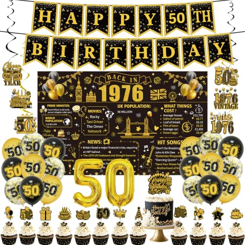 PURCAFT 43pcs Black Gold 50th Birthday Decorations Include Happy Birthday Banners Back in 1976 Backdrop Sach Hanging Swirls Balloons Cake Cupcake Toppers for 50th Birthday Party Supplies Men Women