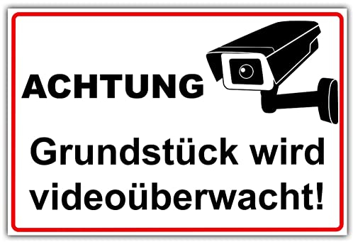 geschenke-fabrik.de Videoüberwachung Schild Achtung - Grundstück wird videoüberwacht aus Alu/Dibond wetterfest 300x200 mm 3 mm stark mit Kamera Symbol
