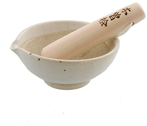 Zen Table Japan Keramik Mörser und Stößel Set (Suribachi & Surikogi) mit Ausguss, 11,9 cm, handgefertigt, Weiß Karatsu Made in Japan