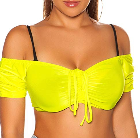 Koucla Off Shoulder Crop Top sexig magfri med band, Neongul, En Storlek