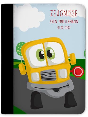 CreaDesign, Kinder Zeugnismappe personalisiert mit Namen, Zeugnis Mappe Auto Bus, DIN A4, 26,7 x 32,7 x 1 cm, Rücken schwarz