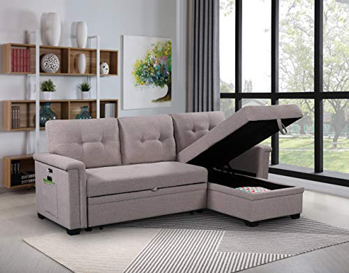 Lilola Home Convertible Sleeper Sofa Bed 84 Inch, L Shaped Sectional Couch with Pull Out Bed, USB Charging Ports, Storage Chaise for Living Room, Office, Linen Fabric, Light Gray