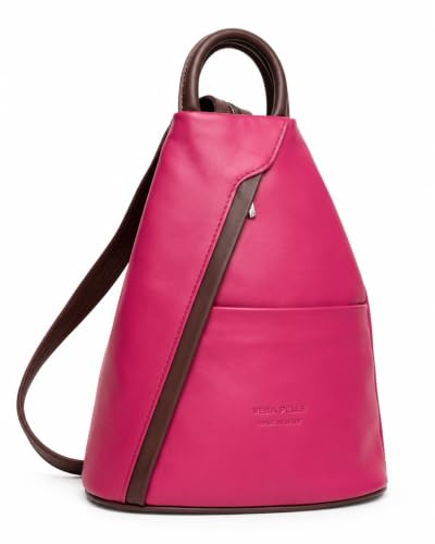 LeahWard Anti-theft Women's Soft Genuine Leather Rucksack Italian Leather Backpack (Fuchsia/Brown)