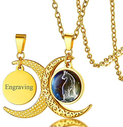 FaithHeart vergoldet Sternbild Steinbock Halskette mit Charm Halbmont Anhänger Herren Damen Sternzeichen Münze Anhänger mit Namen Text Gravur für Geburtstag Valentinstag