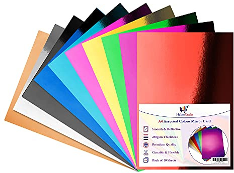 Assorted Colour Mirror Card A4 Coloured Metallic Mirror Board Thick 250gsm Card Shiny Sheets Mirror Foil Activity Craft Cardstock Reflective Shimmer Mirror Finish (10 Assorted Colours - 50 Sheets)