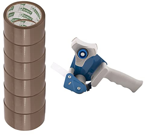 D.RECT Klebeband-Handabroller mit 6 braunen Paketklebeband-Rollen 50m x 48mm hochwertiger robuster für Klebebänder mit bis zu 50 mm Breite inklusive 6 Rollen Packband, Braun