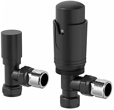 DuraTherm® Thermostatic Radiator Valve Pack Set, 15mm Lockshield TRV & Thermostat, Matte Black Valves for Radiators, Angled