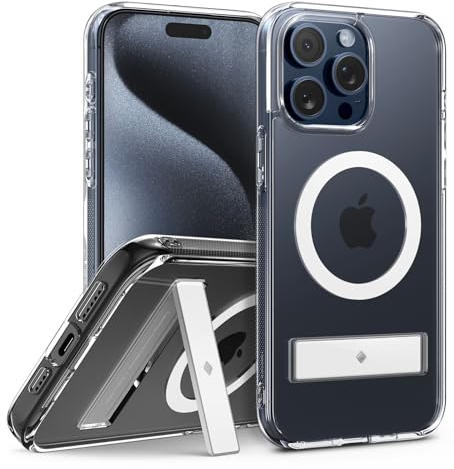 Caseology Capella Mag Kickstand Kompatibel mit iPhone 15 Pro Hülle [Schutz in Militärqualität] [Integrierter Ständer] mit Leistungsstarkem Magnet iPhone 15 Pro Hülle - Klar Weiß