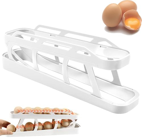 Porta Uova da Frigo, contenitore automatico per uova in plastica acrilica, 2 Ripiani Egg Holder Organizer Frigorifero per risparmiare spazio in frigorifero, per dispensa, per 12-14 uova (Bianco)