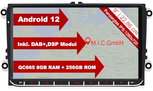 M.I.C. AV9V2-Ultra Android 13 Autoradio mit navi Qualcomm Snapdragon 665 8G+256G Ersatz für VW Golf t5 touran Passat RNS RCD Skoda SEAT: SIM DAB Plus BT 5.0 WiFi 2din 9 IPS Panzerglas Bildschirm USB