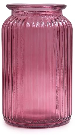 OFFIDIX Glass Vase, Modern Minimalist Style Vertical Stripe Column Flower Vase for Office, Home, Party and Wedding Decoration (Rose Red)