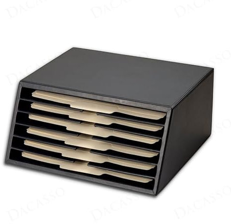 Dacasso Klassischer vertikaler Briefsortierer und Papier-Organizer aus schwarzem Leder für den Schreibtisch – Executive Decor & Office Organization Essential