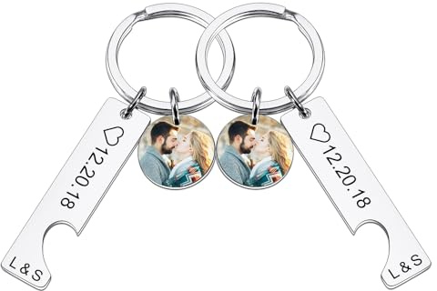 INBLUE Personalisiert Edelstahl Paar Schlüsselanhänger Satz für Frauen Graviert Name Datum Herz Puzzle Schlüsselanhänger Foto Rundes Etikett Abgeschnitten Schlüsselanhänger mit Namen - A1