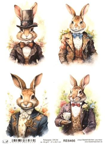 Josys Bastelmärchen Reispapier A4 Strohseide Decoupage Ostern Hase in Vintage Anzug RE6466