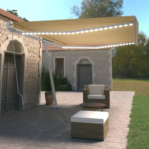 Sichtschutz Balkon Überdachung haustür Haustürüberdachungen Gelenkarmmarkise Einziehbar mit LED 500x350 cm Gelb und WeißGeeignet für Tür Terrasse Balkon