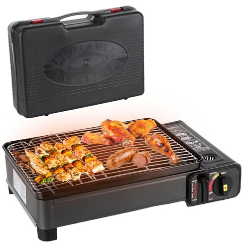 Wimdoyily Parrilla de gas portátil, estufa de butano, parrilla de propano portátil, parrilla de barbacoa coreana para cocinar al aire libre, camping, cocina con funda de transporte (negro)