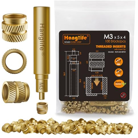HANGLIFE M3 Inserti Filettati a Caldo con Punte Saldatore Stagno, Inserto Filettato per Componenti di Stampa 3D e Parti in Plastica - Dadi Scanalati Metrici in Ottone (100 Pezzi)