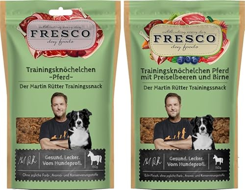 Fresco Martin Rütter Trainingsknöchelchen Probierpaket Pferd | 2 x 150 g | Natürlicher Monoproteinsnack | Leckerer Snack für Hunde