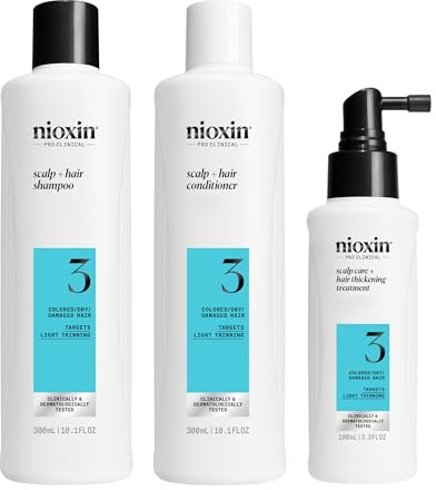 Nioxin Scalp + Hair Kit System 3 - Haarpflege für coloriertes, trockenes & strapaziertes Haar. Beugt dünner werdendem Haar vor – Shampoo, Conditioner & Scalp Treatment (300+300+100 ml)