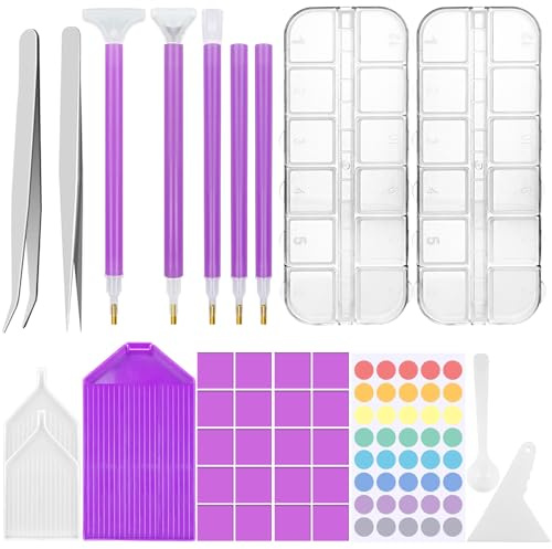 REJOECE 35 Pezzi Diamond Painting Accessori, 5D Pittura Diamante Kit, DIY Diamante Pittura Punto Croce Strumento Kit, di Strumenti e Scatola di Immagazzinaggio per Adulti