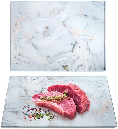 WRINGKIT Set of 2 Marble Glass Cutting Board, 16L x 12W Decorative Tempered Chopping Board, Scratch-resistant Sturdy Cheese Appetizer Board Coffee Bread Holder for Kitchen, Easy to Clean