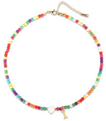Mikovivi Collar de Cuentas de Colores, Collar con Cuentas Coloridas con Conchas de Corazón Collar con Colgante de Letra Hecho a Mano Regalos Personalizados de la A La Z para Mujeres y Niñas (Letra I)