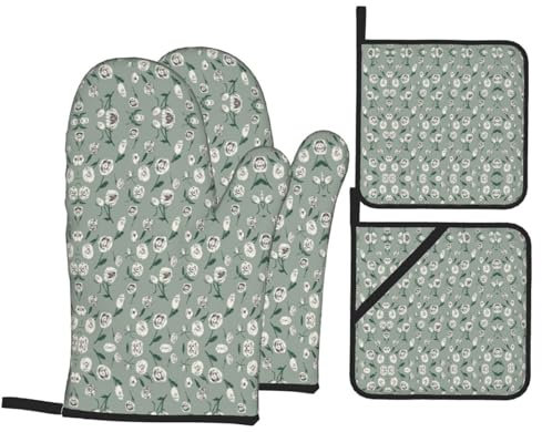 4Pcs Oven Gloves And Pot Holders Green Flowers Flower Sage Green Oven Glove Waterproof Quilted Gloves Durable Microwave Oven Glove For Microwave, Grill, Grilling