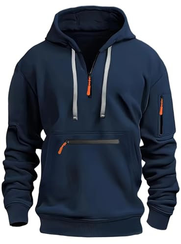 MakingDa Felpa con cappuccio da uomo con cerniera a 1/4, tasca con cerniera, coulisse, in pile, a maniche lunghe, con polsino, vestibilità aderente, alla moda, casual, classica, da lavoro, Blu scuro,
