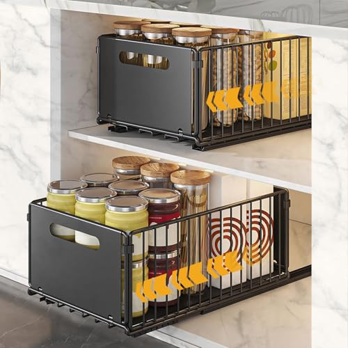 2 Stück Teleskopschublade, Faltbar Ausziehbare Schublade Küche, Metall Ausziehbarer Schrank Organizer, Kein Bohren Pull Out Cabinet organizer, Küchenschrank Organizer für Küche, Bad, Wohnzimmer