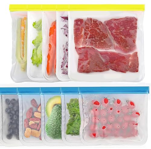 AKOLAFE 10 bolsas reutilizables para congelador, 22 x 18,5 cm, bolsas de almacenamiento PEVA, reutilizables, grandes, 2,5 L, sin BPA, bolsas de silicona para frutas, carne, leche, verduras