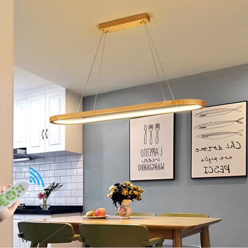LED Pendelleuchte Aus Holz L70CM 36W 3000K-6000K Dimmbar Mit Fernbedienung Moderne Aus Natürlichem Holz Lampen + Acryl Ovale Esszimmerlampe Kinderzimmer Küche Büro Kronleuchter