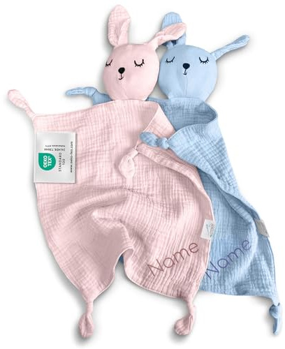 my STITCHERY Schnuffeltuch Baby mit Namen Bestickt, Oeko-TEX® Standard 100 - Personalisiertes Schmusetuch Hase aus weichem Musselin (Rosa)