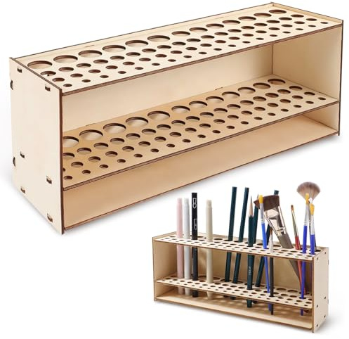Soporte para pinceles de pintura, estante de madera con 67 agujeros, estante de pintura montado en la pared, para pinceles, bolígrafos de dibujo, bolígrafos de colores, brochas de maquillaje