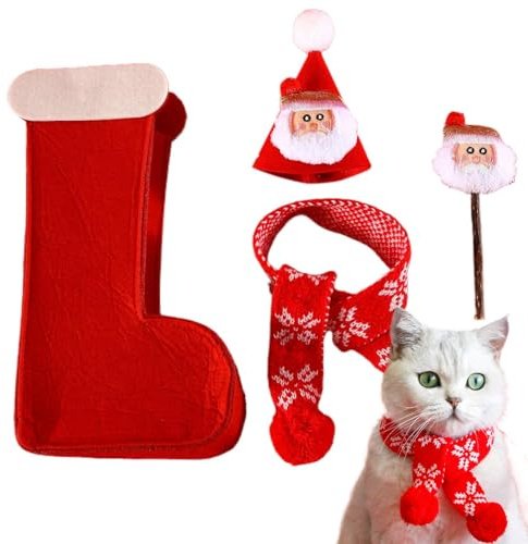Katze Weihnachtsmütze und Schal, Weihnachten Katze Schal Outfit, Weihnachtskatzenkostüme Set, Katze Weihnachtskostüm Dekoration für Indoor Cat Holiday
