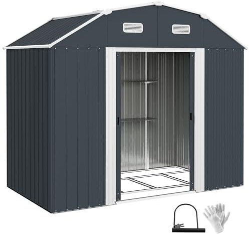 Outsunny Cobertizo de Jardín Exterior 2,7 m² 238x132x198,5 cm Caseta de Jardín para Exterior Metálica con Base Estantes Ajustables 2 Ventanas y 2 Puertas Deslizantes Gris Oscuro