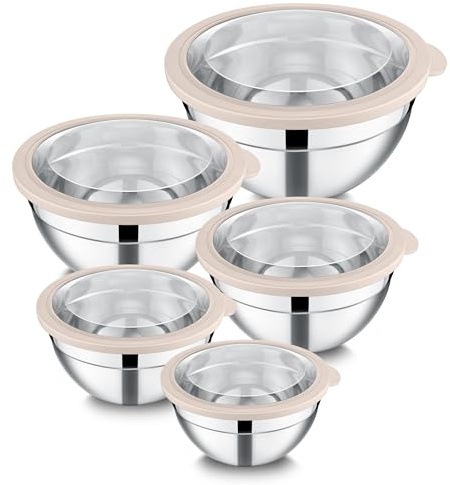 Joyfair 5 Pcs Nesting Mixing Salad Bowls with Airtight Lids, Khaki | Food Grade Lids, Stainless Steel Bowls, Versatile Use, 4.6/2.5/1.6/1.2/0.7QT, Dishwasher & Mixer & Freeser Safe