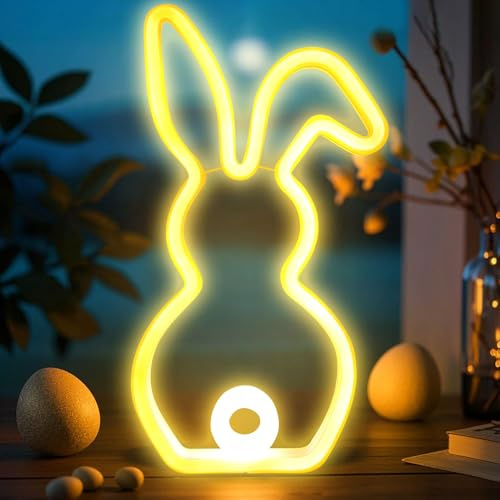 Osterdeko Hase mit LED Licht, Ostern Deko Osterhase Nachtlicht aus Kunststoff, USB Kaninchen Neon Lampe Ostern Dekoration Frühlingsdeko, Nachtlicht Kinder Ostergeschenke für Kinder Schlafzimmer (B)