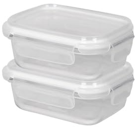 Harbour Housewares 370ml Glass Food Storage Containers with Lids - Clear/White - 2x Small Reusable Airtight Meal Prep Lunch Box Takeaway Cereal Pantry Tubs Set | Safe for Freezer and Microwave