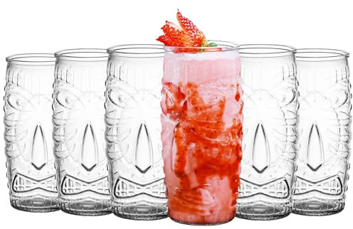 Tiki - Juego de 6 vasos Highball de 618 ml, juego de vasos transparentes para cóctel, fiesta hawaiana tropical, vaso de té helado, vaso mixto para bar