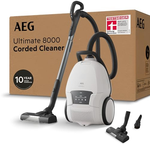AEG Ultimate 8000 Staubsauger mit Beutel, Testsieger der Stiftung Warentest, hohe Saugleistung, Auto-Modus, Alle Böden, 48% Recyclingkunststoff, 3in1 Düse, HEPA-Filtration, 12m, LED-Licht, AB81U1SW